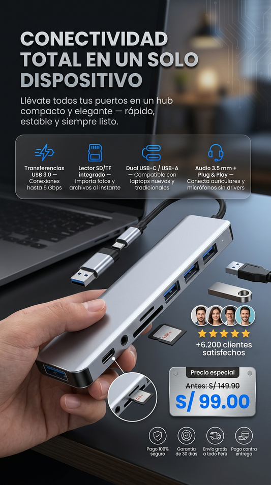 USB CONECTOR MULTIFUNCIONAL 8 EN 1 PREMIUM